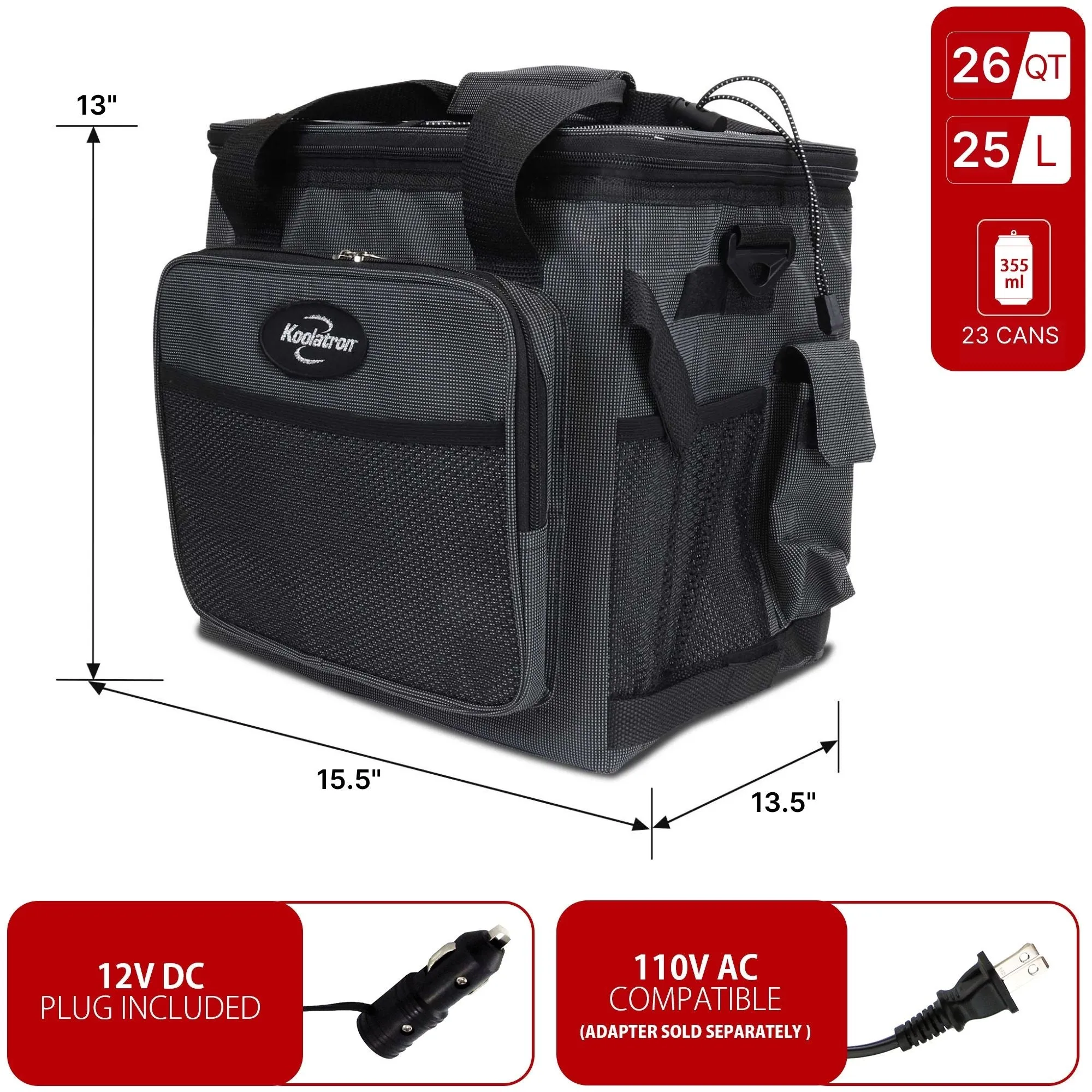 Koolatron 12V Electric Cooler Bag, 25L (26qt), Thermoelectric Soft Bag Cooler, 12 Volt DC Connection, Foldable Storage, Plug In Iceless Portable Fridge, For Work Travel Picnic Vehicle Car, Gray/Black