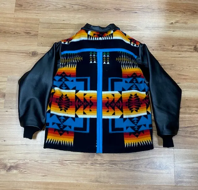 Kraffs Open Bottom Bomber Jacket, Chief Joseph Black, with Leather Sleeves