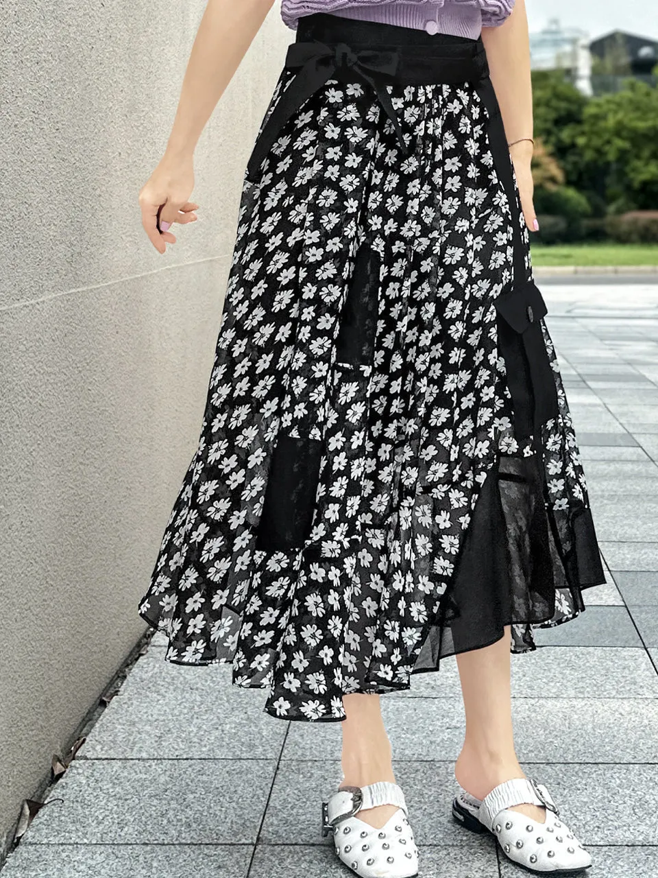 Mono Daisy Statement Pocket Chiffon Wrap Skirt