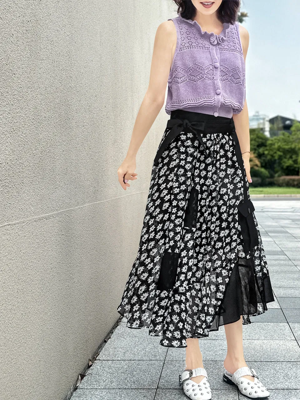 Mono Daisy Statement Pocket Chiffon Wrap Skirt