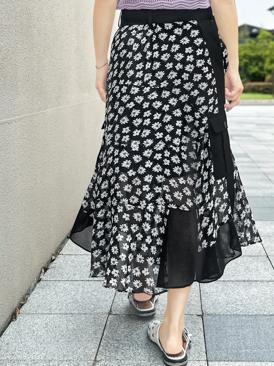 Mono Daisy Statement Pocket Chiffon Wrap Skirt