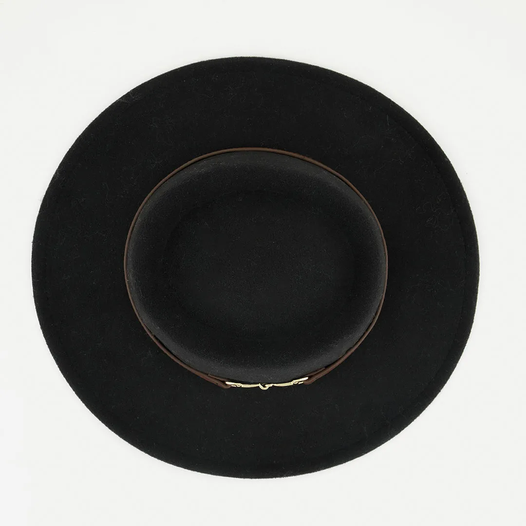 Nova Black Felt Boater Hat With Tan Pu Trim.