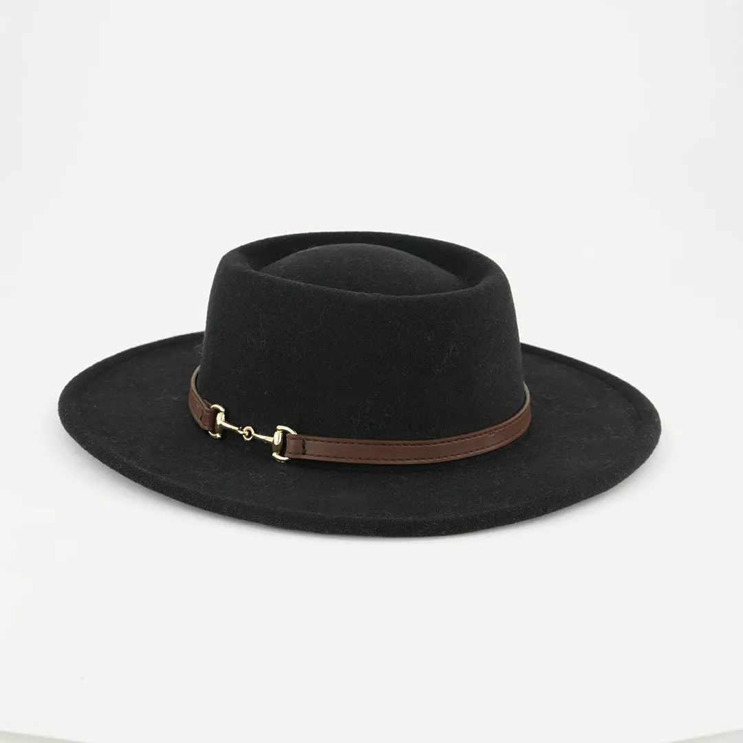 Nova Black Felt Boater Hat With Tan Pu Trim.