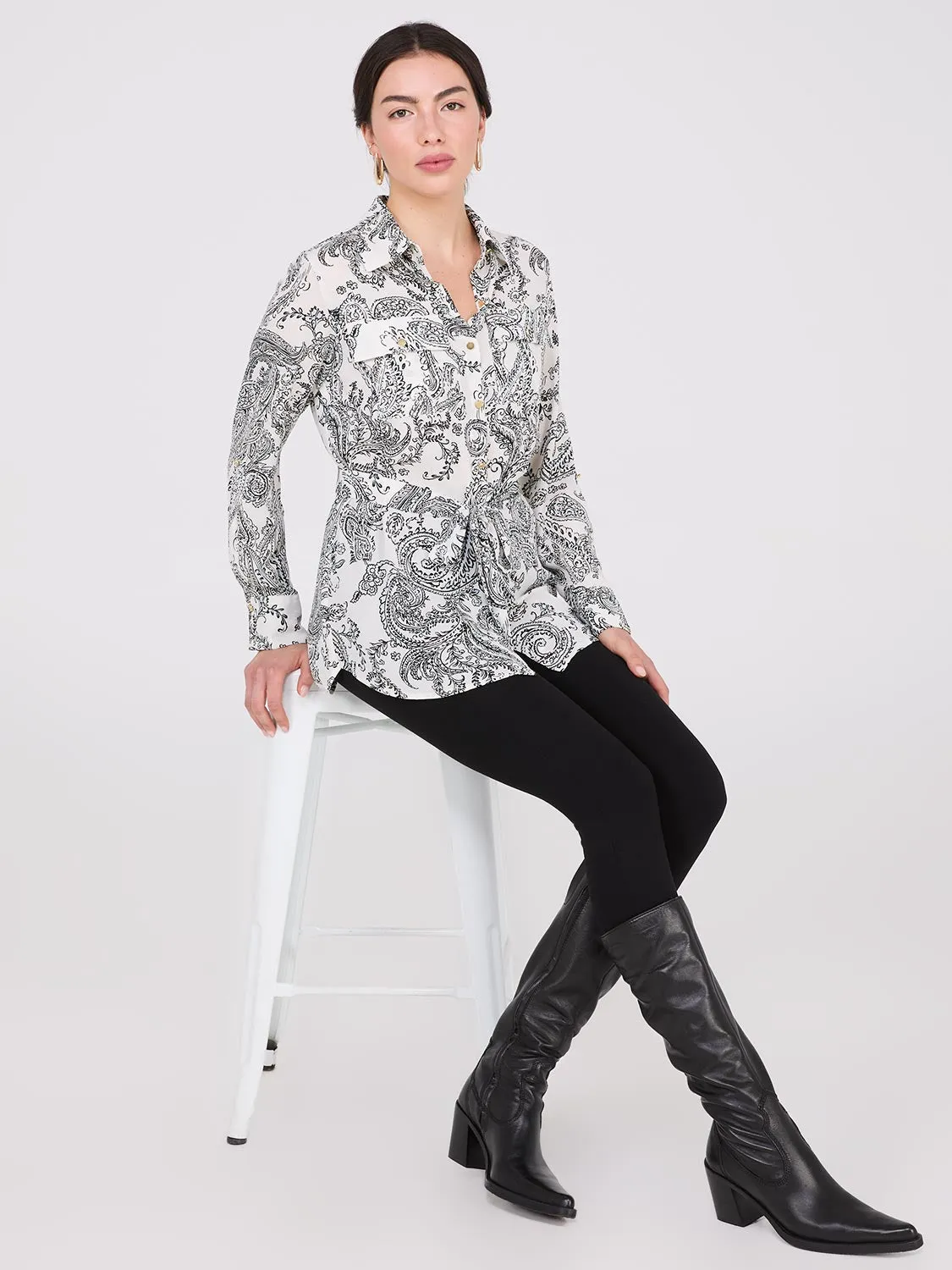 Paisley Print Chiffon Belted Tunic Blouse