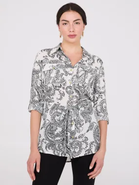 Paisley Print Chiffon Belted Tunic Blouse