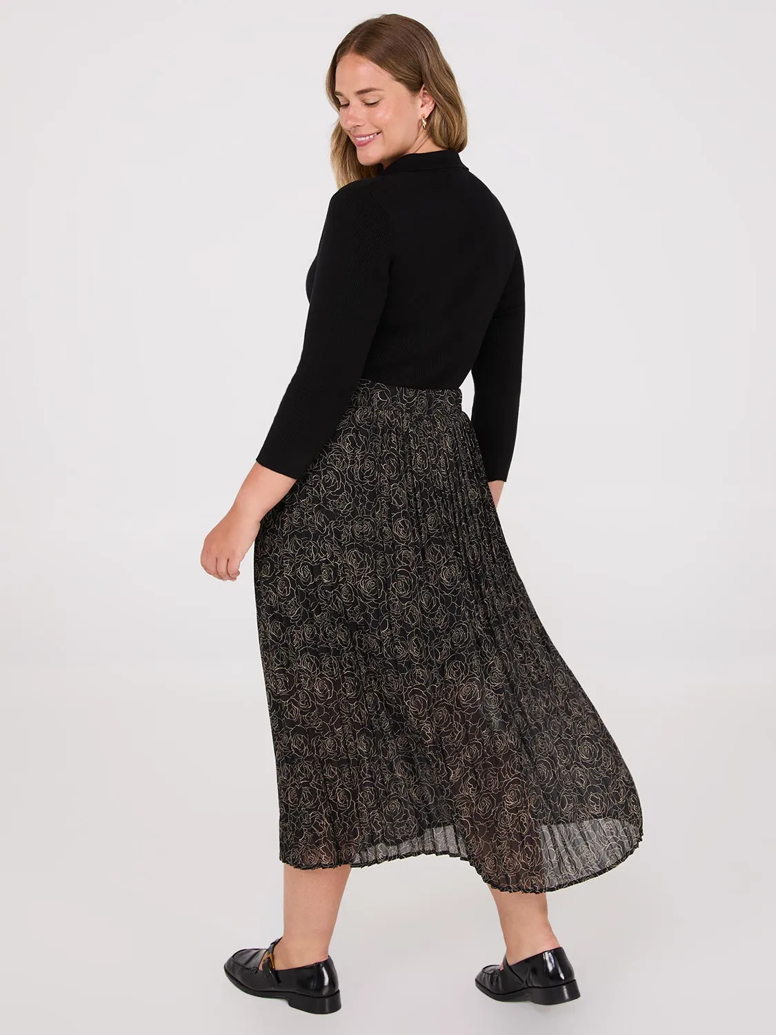 Printed Chiffon Pleated Midi Skirt