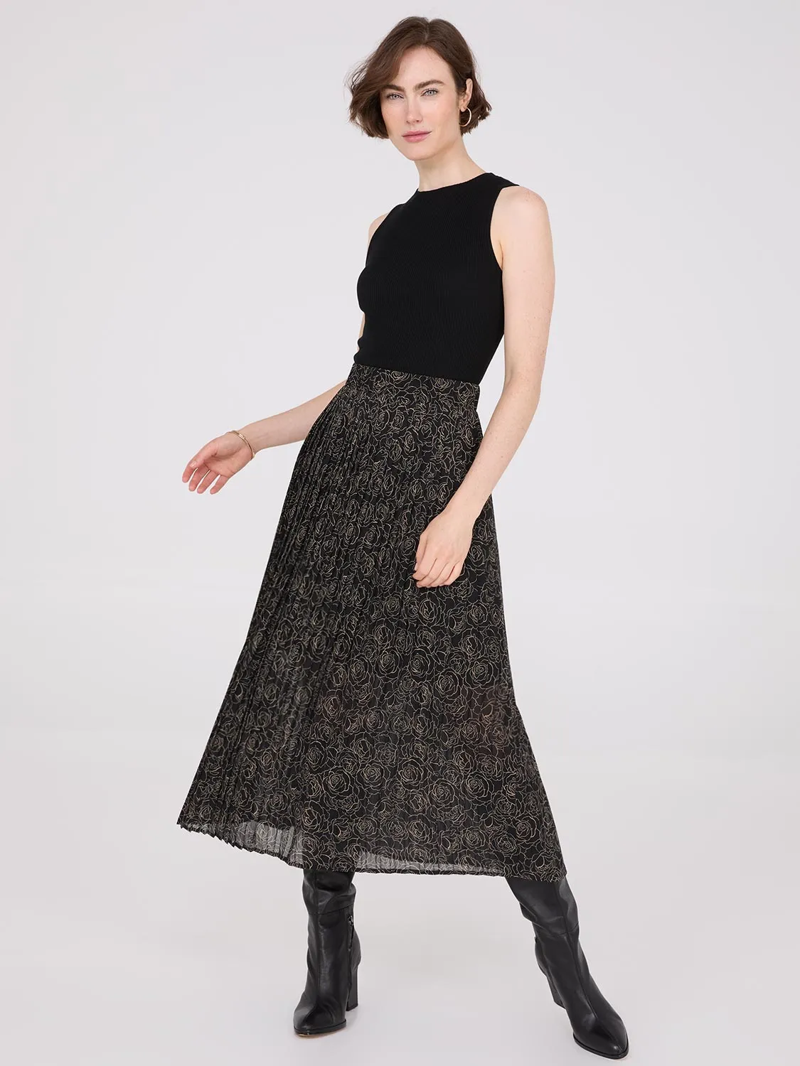 Printed Chiffon Pleated Midi Skirt