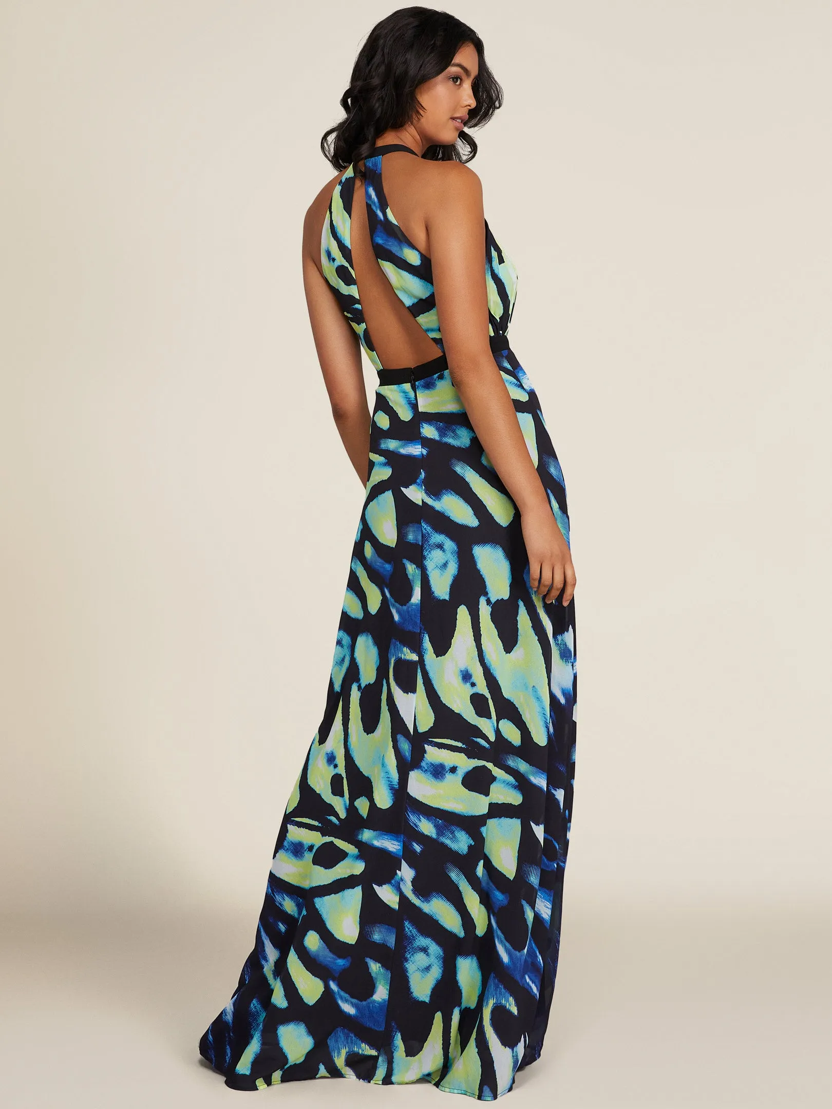 Printed Halter Top Chiffon Gown