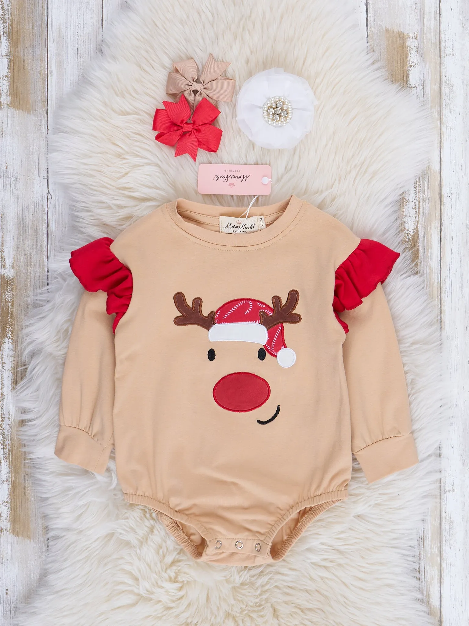 Tan & Red Friendly Reindeer Ruffle Romper