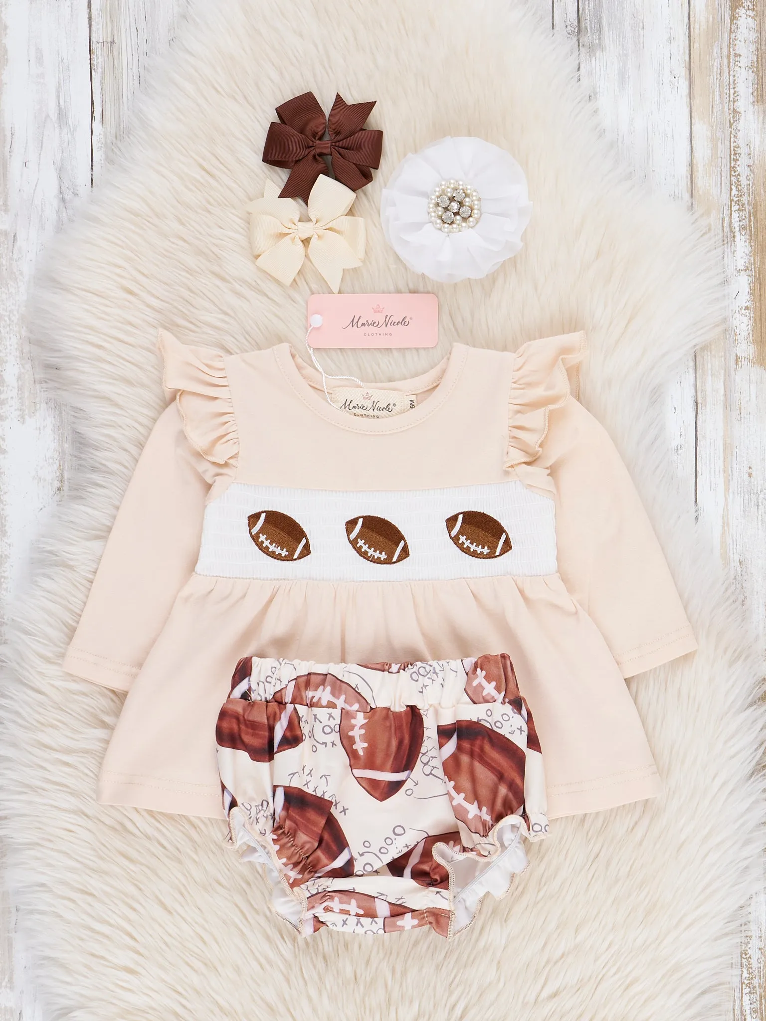 Tan Football Time Smocked Bloomers Outfit