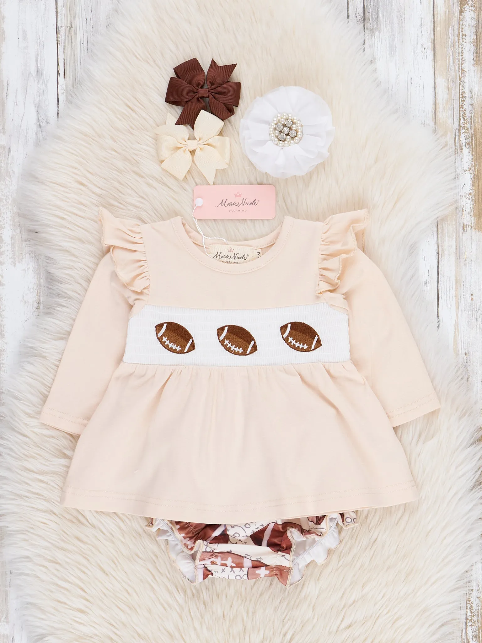 Tan Football Time Smocked Bloomers Outfit