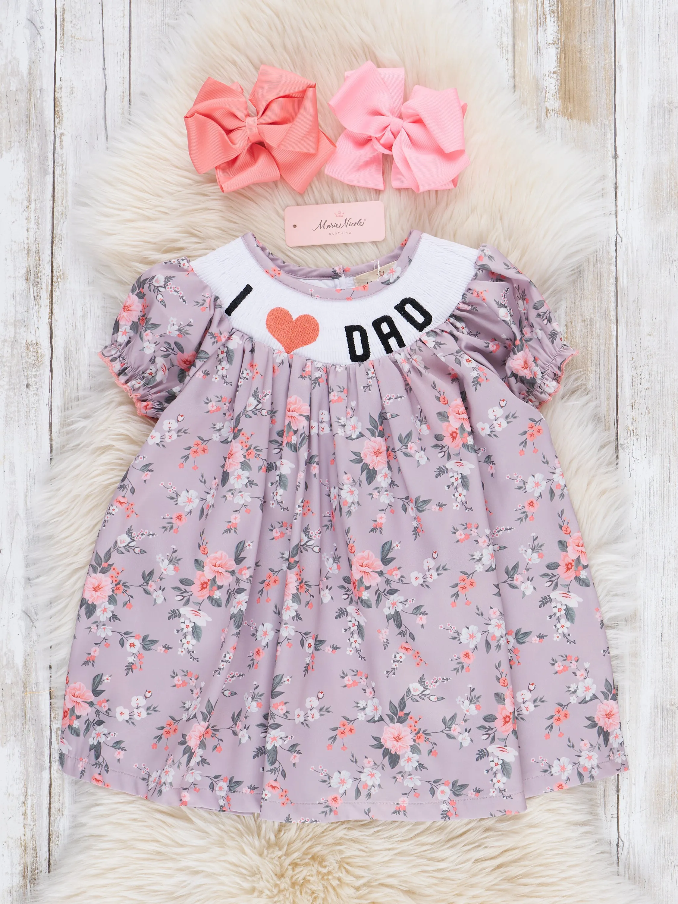 Tan Vintage Florals Smocked Dad Love Dress