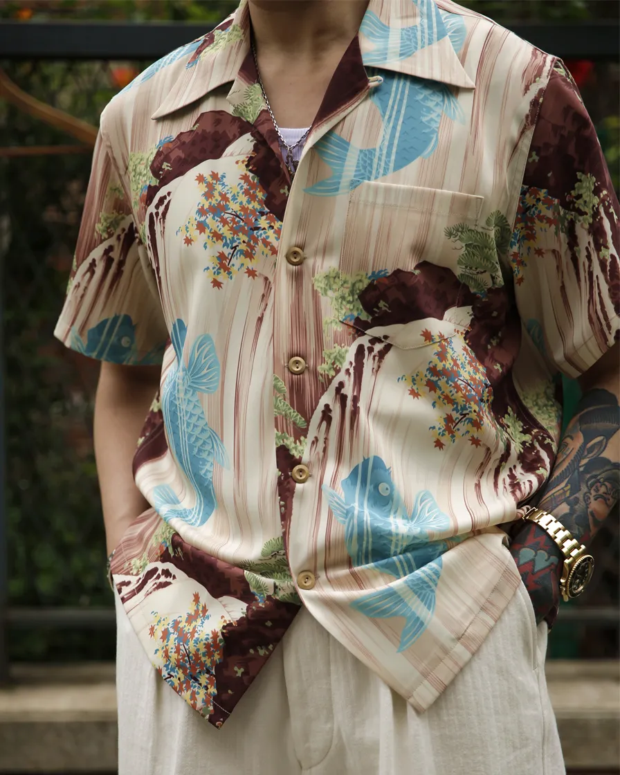 Ukiyo-e_Koi Fish Waterfall Aloha Shirt