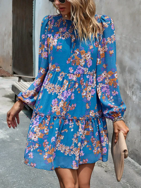 Women's Floral Print Round Neck Chiffon Layered Dress With Long Sleeves