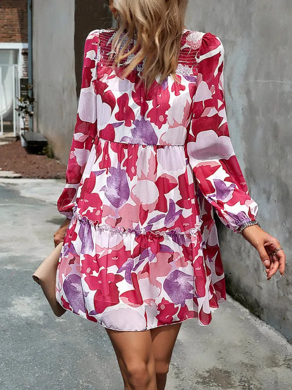 Women's Floral Print Round Neck Chiffon Layered Dress With Long Sleeves