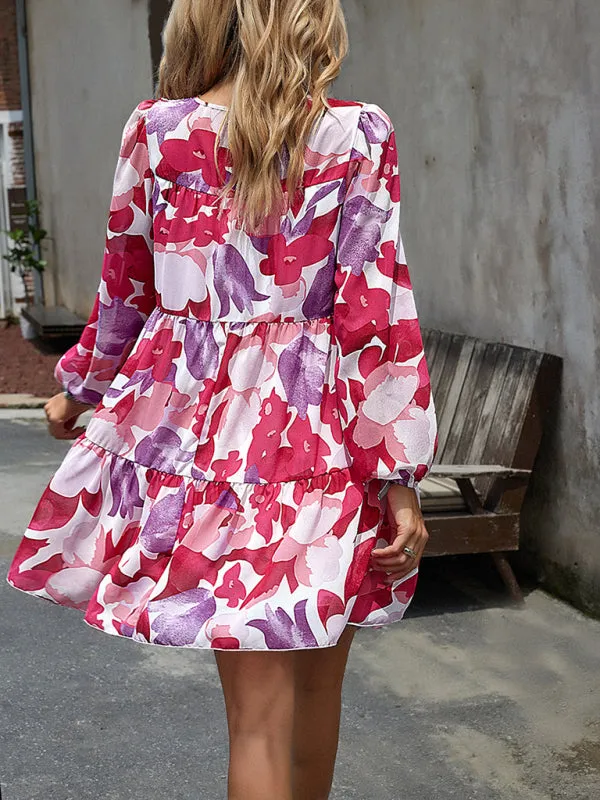 Women's Floral Print Round Neck Chiffon Layered Dress With Long Sleeves